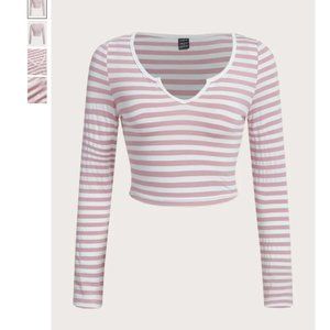SHEIN EZwear Striped Notched Neck Crop Tee in White / Pink Size L NWOT